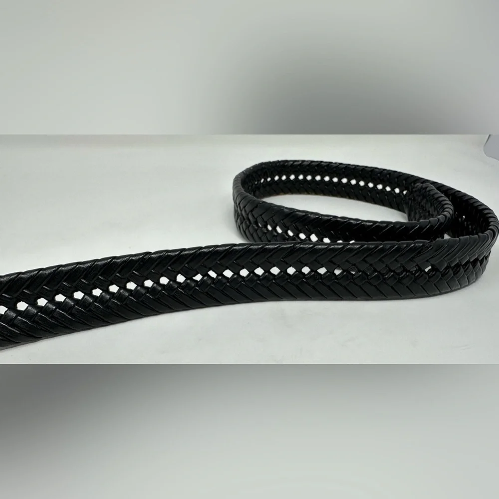 Tommy Hilfiger Braided Belt Mens 38/95 Black Leather Trim Casual Silver‎ Buckle